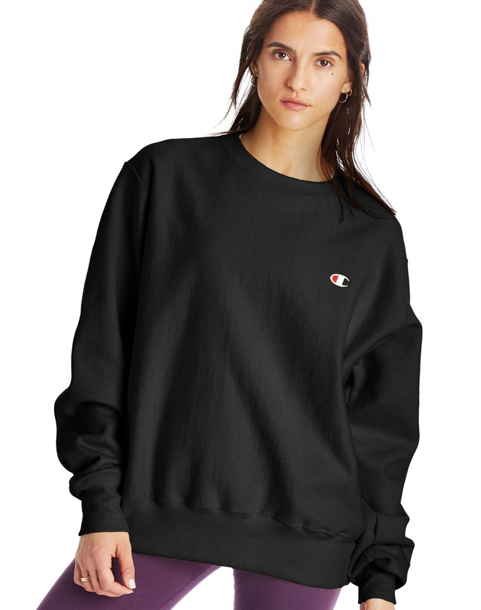 Champion Dame Sweatshirt Sort - Reverse Weave Boyfriend Crew - Danmark SJW-704863